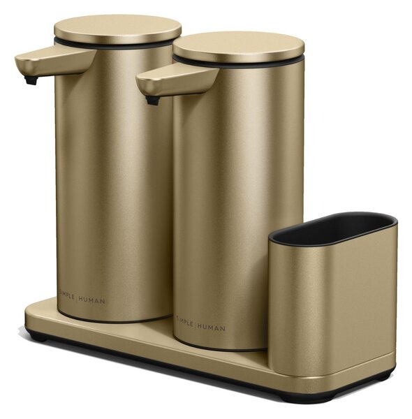 Simplehuman bezdotykový dávkovač, dvojitý, 2x 414 ml + držák na houbičku, matná zlatá ocel