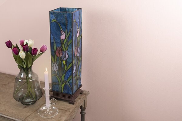 Modrá hranatá stolní lampa Tiffany s tulipány Toulipp - 24*58.5 cm/ 1*60W - Clayre & Eef