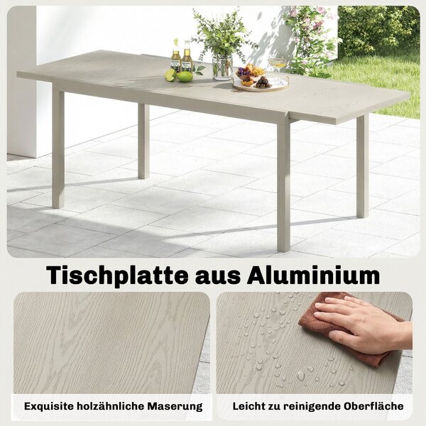 Outsunny rozkládací zahradní stůl, 154–214 × 85 × 75 cm, hliníkový jídelní stůl pro 8–10 osob, obdélníkový stůl na balkon/terasu s dekorem dřeva, odol