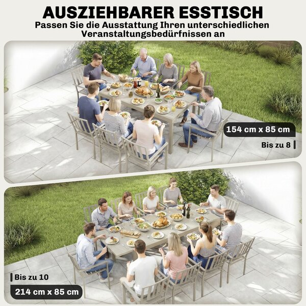 Outsunny rozkládací zahradní stůl, 154–214 × 85 × 75 cm, hliníkový jídelní stůl pro 8–10 osob, obdélníkový stůl na balkon/terasu s dekorem dřeva, odol