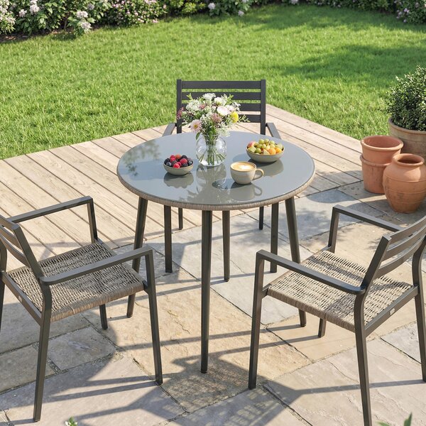 Outsunny kulatý zahradní jídelní stůl, venkovní stůl 80 × 80 × 74 cm, tvrzené sklo s ratanovým okrajem, ocelový rám, nosnost 50 kg, na terasu a balkon