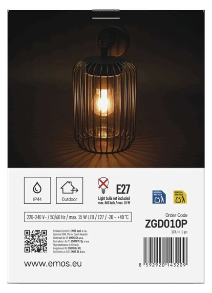 EMOS LED zahradní nástěnné svítidlo, 20,8 x 16 x 28,5 cm, 1 x E27, 15 W 1554000000