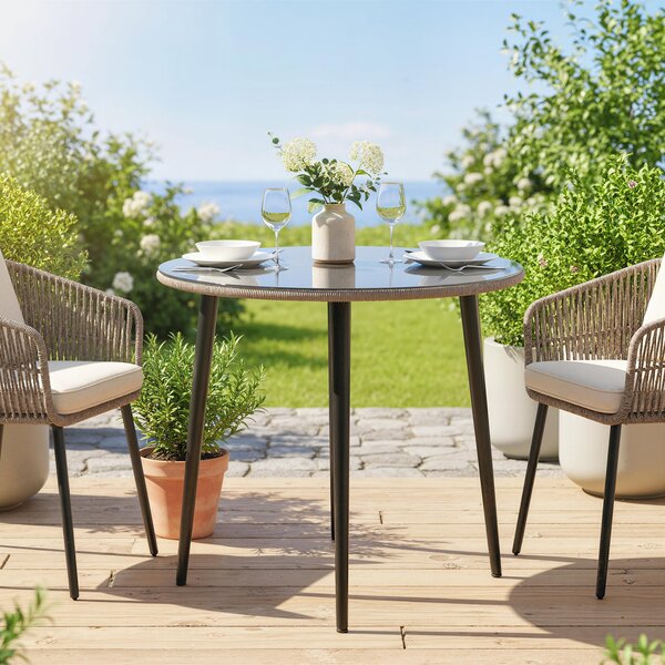 Outsunny kulatý zahradní jídelní stůl, venkovní stůl 80 × 80 × 74 cm, tvrzené sklo s ratanovým okrajem, ocelový rám, nosnost 50 kg, na terasu a balkon