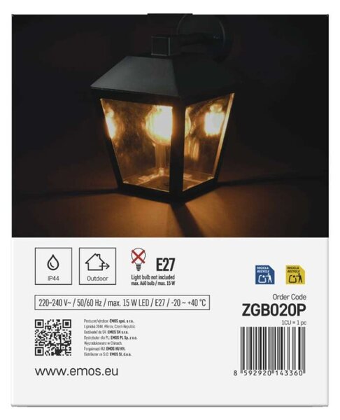 EMOS LED zahradní nástěnné svítidlo, 18 x 15 x 24,5 cm, 1 x E27, 15 W 1554000005