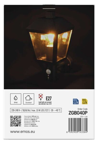 EMOS LED zahradní nástěnné svítidlo s čidlem soumraku, 19,8 x 15 x 29,8 cm, 1 x E27, 15 W 1554000006