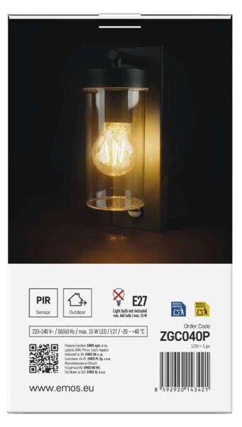 EMOS LED zahradní nástěnné svítidlo s čidlem soumraku, 12,8 x 8 x 27 cm, 1 x E27, 15 W 1554000008