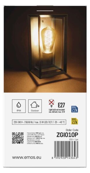 EMOS LED zahradní nástěnné svítidlo, 12,8 x 11 x 27 cm, 1 x E27, 15 W 1554000012