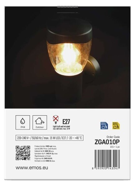 EMOS LED zahradní nástěnné svítidlo, 16,4 x 12 x 23 cm, 1 x E27, 15 W 1554000001