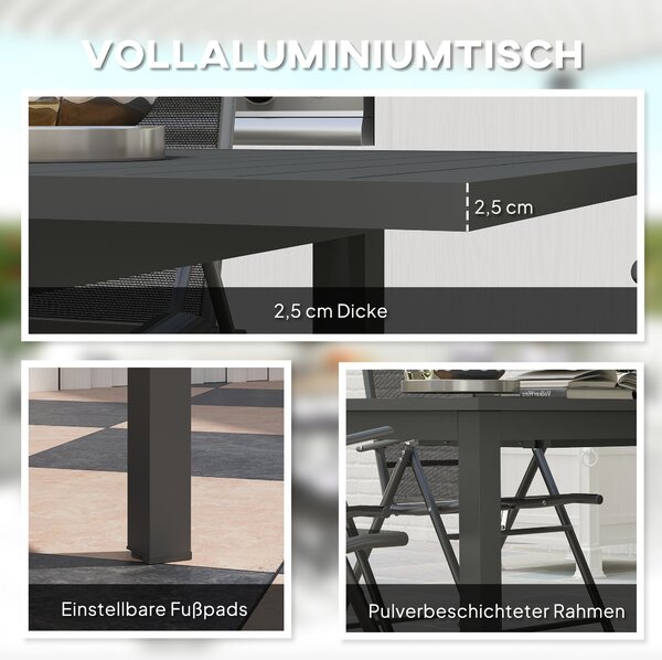 Rozkládací zahradní stůl Outsunny z hliníku 160/220x90 cm, odolný vůči povětrnostním vlivům, stůl na balkon, protiskluzový bufetový stůl pro 6-8 osob