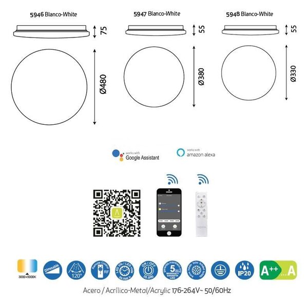 Mantra 5948 Zero Smart, stmívatelné stropní LED svítidlo s dálkovým ovladačem , 40W LED, prům 33cm, Bluetooth