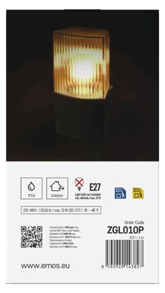EMOS LED zahradní nástěnné svítidlo, 11,9 x 10,6 x 21,8 cm, 1 x E27, 25 W 1554000013