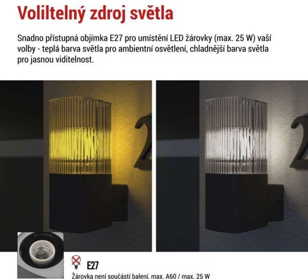 EMOS LED zahradní nástěnné svítidlo, 11,9 x 10,6 x 21,8 cm, 1 x E27, 25 W 1554000013