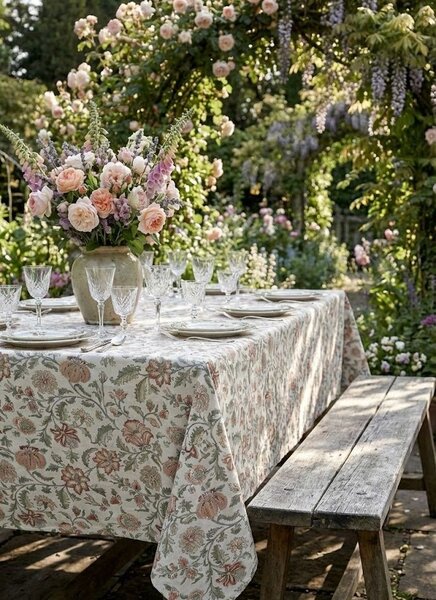 Krémový bavlněný ubrus s květy Aix Wild Flowers - 140*240 cm - Chic Antique