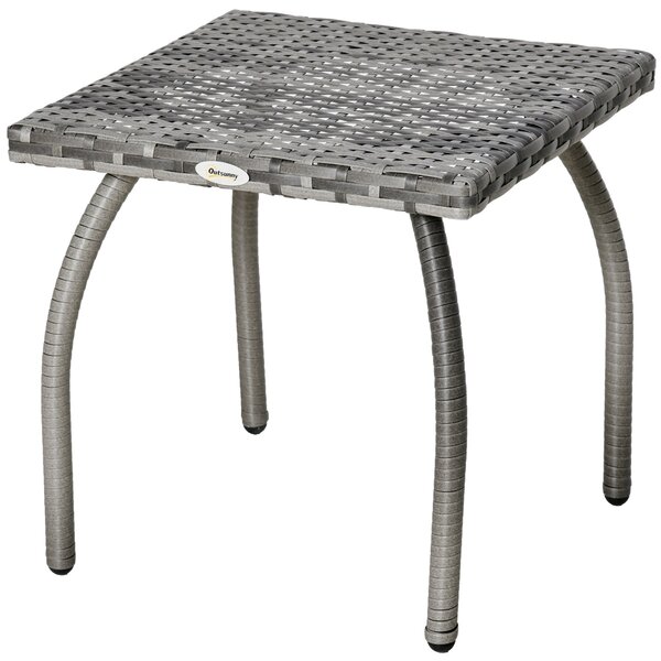 Zahradní stolek Outsunny z ratanu se železnými nohami, nosnost 30 kg, venkovní stolek pro terasu, balkon 45x45x44 cm šedý | Aosom