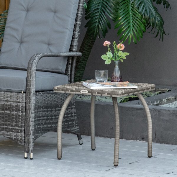 Zahradní stolek Outsunny z ratanu se železnými nohami, nosnost 30 kg, venkovní stolek pro terasu, balkon 45x45x44 cm šedý | Aosom
