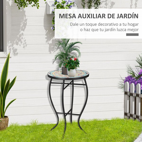 Outsunny Kulatý Zahradní Stolek s Mozaikovým Designem a Kovovými Nohami pro Terasu, Balkon 35,5x35,5x53,5 cm Tyrkysový | Aosom