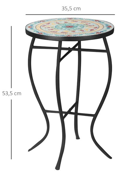 Outsunny Kulatý Zahradní Stolek s Mozaikovým Designem a Kovovými Nohami pro Terasu, Balkon 35,5x35,5x53,5 cm Tyrkysový | Aosom