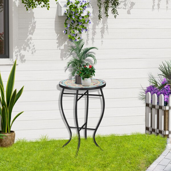 Outsunny Kulatý Zahradní Stolek s Mozaikovým Designem a Kovovými Nohami pro Terasu, Balkon 35,5x35,5x53,5 cm Tyrkysový | Aosom