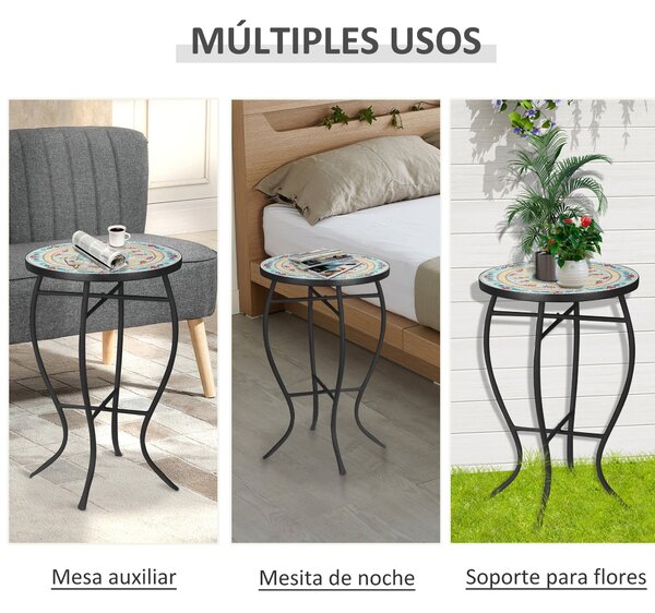 Outsunny Kulatý Zahradní Stolek s Mozaikovým Designem a Kovovými Nohami pro Terasu, Balkon 35,5x35,5x53,5 cm Tyrkysový | Aosom