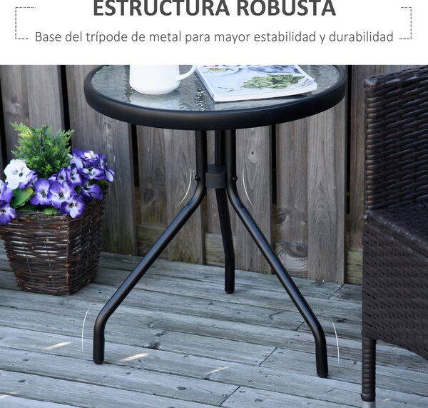 Outsunny Kulatý Zahradní Stůl Exteriérový Kávový Stolek s Dekorativním Skleněným Plošným a Kovovým Rámy pro Terasu, Balkon Ø50x55 cm Černý | Aosom