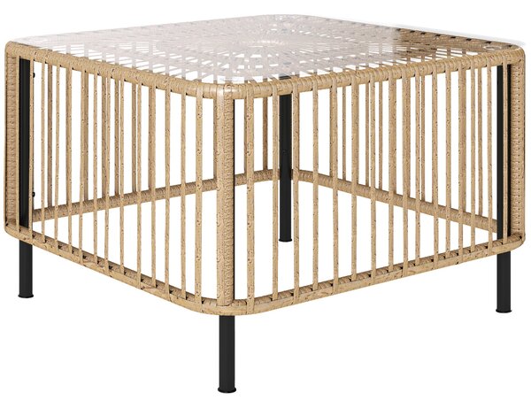 Outsunny Poly Rattan Zahradní Stůl, 65 x 65 x 43 cm, Voděodolný Kulatý Stůl se Skleněným Topem na Terase, Balkonový Stolek, Zahradní Nábytek z Přírodn