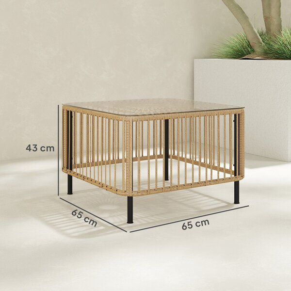Outsunny Poly Rattan Zahradní Stůl, 65 x 65 x 43 cm, Voděodolný Kulatý Stůl se Skleněným Topem na Terase, Balkonový Stolek, Zahradní Nábytek z Přírodn