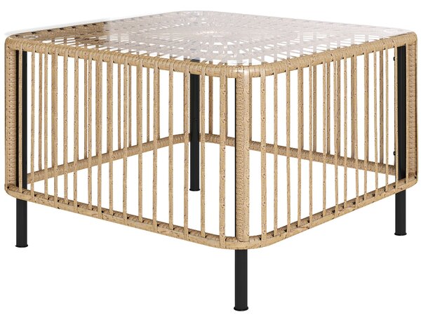 Outsunny Poly Rattan Zahradní Stůl, 65 x 65 x 43 cm, Voděodolný Kulatý Stůl se Skleněným Topem na Terase, Balkonový Stolek, Zahradní Nábytek z Přírodn