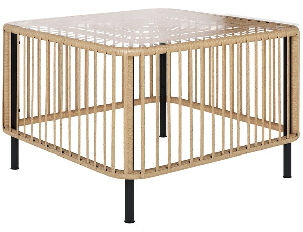 Outsunny Poly Rattan Zahradní Stůl, 65 x 65 x 43 cm, Voděodolný Kulatý Stůl se Skleněným Topem na Terase, Balkonový Stolek, Zahradní Nábytek z Přírodn