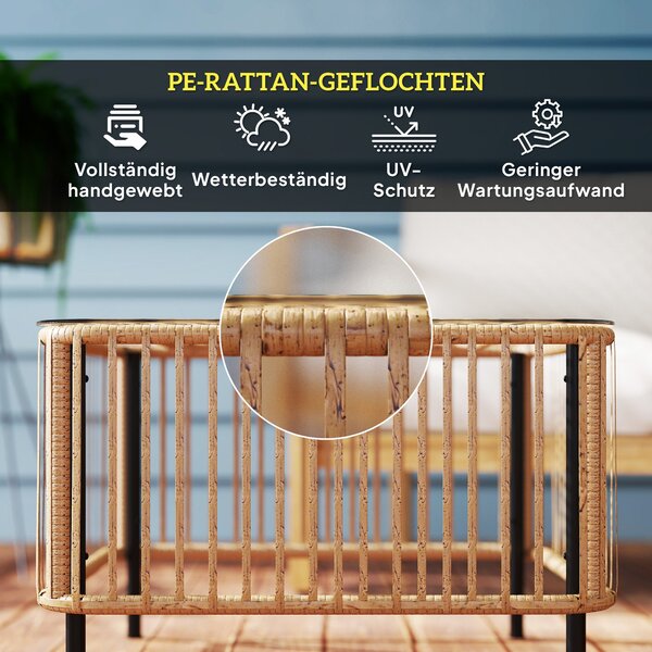 Outsunny Poly Rattan Zahradní Stůl, 65 x 65 x 43 cm, Voděodolný Kulatý Stůl se Skleněným Topem na Terase, Balkonový Stolek, Zahradní Nábytek z Přírodn