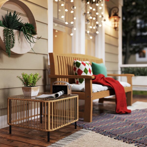 Outsunny Poly Rattan Zahradní Stůl, 65 x 65 x 43 cm, Voděodolný Kulatý Stůl se Skleněným Topem na Terase, Balkonový Stolek, Zahradní Nábytek z Přírodn