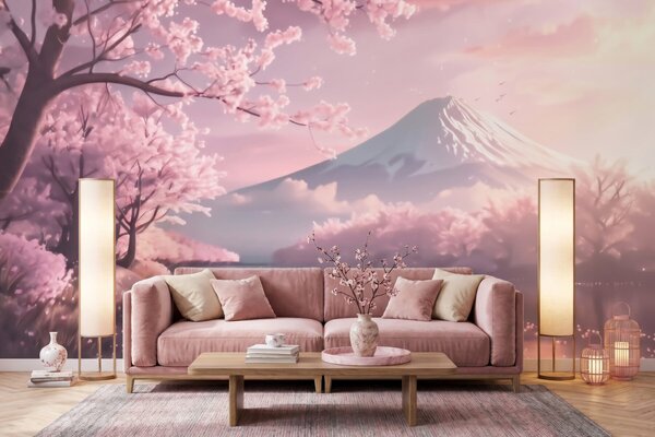 Fototapety Klidná japonská krajina s rozkvetlými třešněmi a horským jezerem při východu slunce, Fototapety příroda, w09864 : uwalls.cz