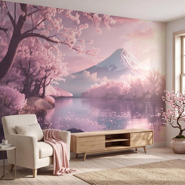Fototapety Klidná japonská krajina s rozkvetlými třešněmi a horským jezerem při východu slunce, Fototapety příroda, w09864 : uwalls.cz