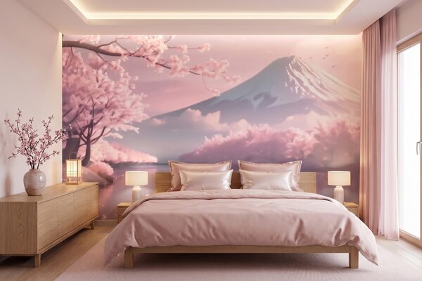 Fototapety Klidná japonská krajina s rozkvetlými třešněmi a horským jezerem při východu slunce, Fototapety příroda, w09864 : uwalls.cz