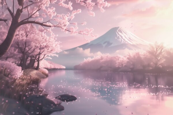 Fototapety Klidná japonská krajina s rozkvetlými třešněmi a horským jezerem při východu slunce, Fototapety příroda, w09864 : uwalls.cz