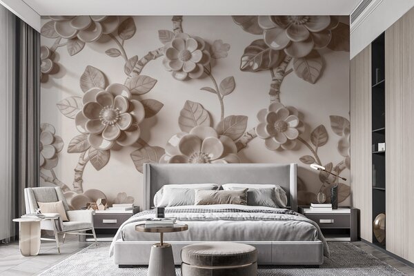 Fototapety Elegantní béžová kompozice z plasticky tvarovaných trojrozměrných květin, Fototapety květiny, w09887v1 : uwalls.cz