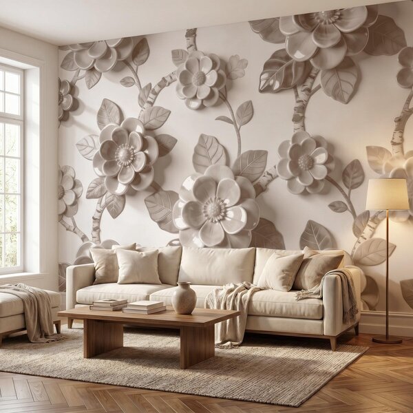 Fototapety Elegantní béžová kompozice z plasticky tvarovaných trojrozměrných květin, Fototapety květiny, w09887v1 : uwalls.cz