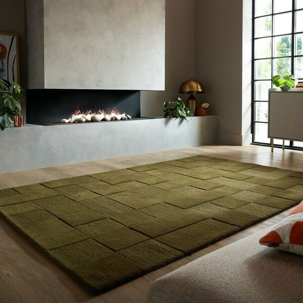 Khaki ručně tkaný vlněný koberec 120x170 cm Checkerboard – Flair Rugs