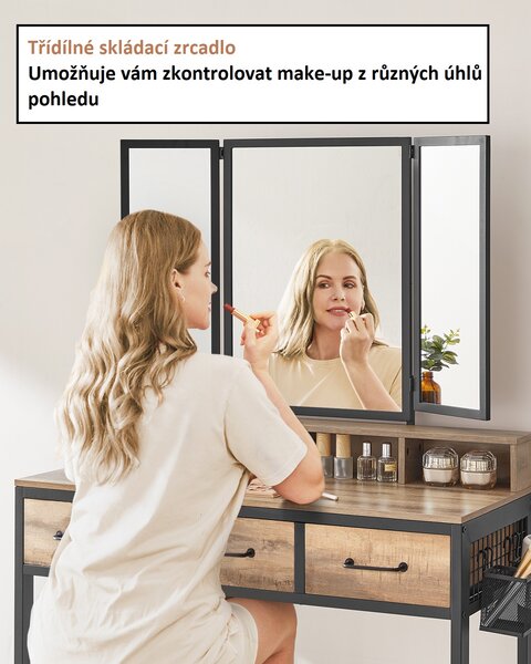 Toaletní kosmetický stolek se zrcadlem a taburetem, hnědý dekor dřeva RVT004B50