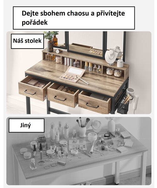 Toaletní kosmetický stolek se zrcadlem a taburetem, hnědý dekor dřeva RVT004B50