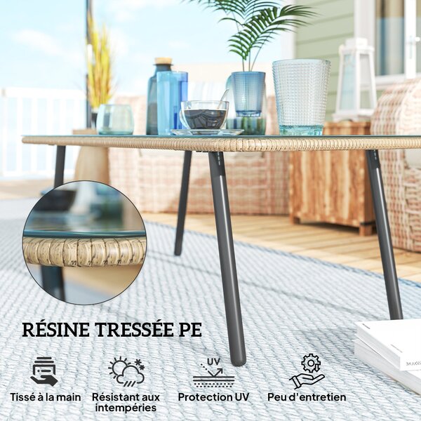 Outsunny Zahradní konferenční stolek z pleteného pryskyřice s 5mm tvrzeným sklem, stolky pro venkovní použití, zahradu, terasu, balkon, ocelový rám 11