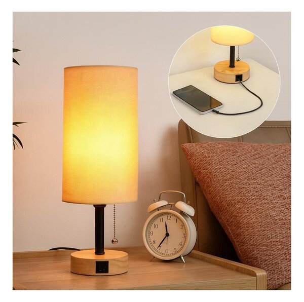 Brilagi - Stolní lampa s USB portem TABLON 1xE27/25W/230V dub/černá/béžová