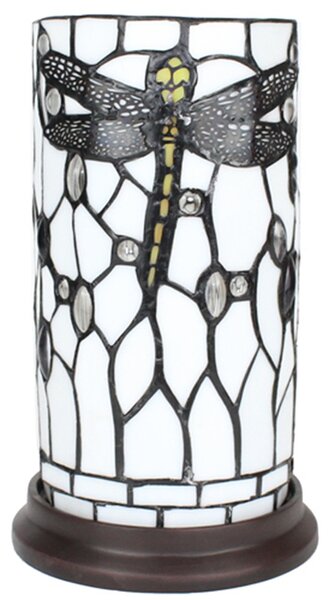 Bílá válcovitá stolní lampa Tiffany s vážkou DragonFly - Ø 15*26 cm E14/max 1*40W - Clayre & Eef