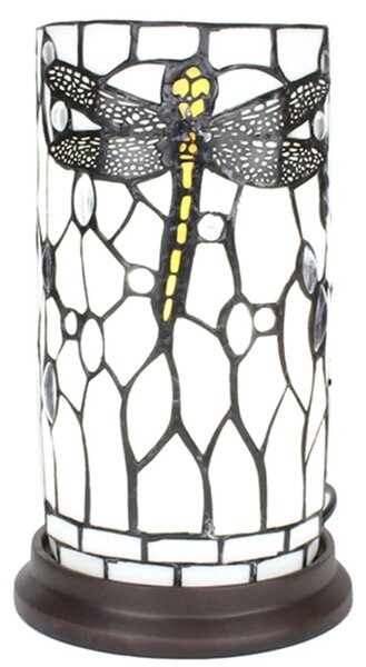 Bílá válcovitá stolní lampa Tiffany s vážkou DragonFly - Ø 15*26 cm E14/max 1*40W - Clayre & Eef