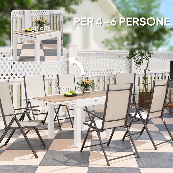 Rozkládací zahradní stůl Outsunny 80/160x80x75 cm, obdélníkový stůl pro 4-6 osob s hliníkovým rámem a PSPC vrchní deskou, na terasu, balkon a venkovní