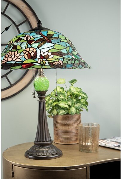 Stolní lampa Tiffany s tyrkysovým stínidlem Waterlily - Ø 47*60 cm - Clayre & Eef