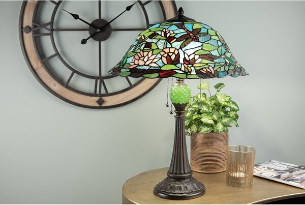 Stolní lampa Tiffany s tyrkysovým stínidlem Waterlily - Ø 47*60 cm - Clayre & Eef