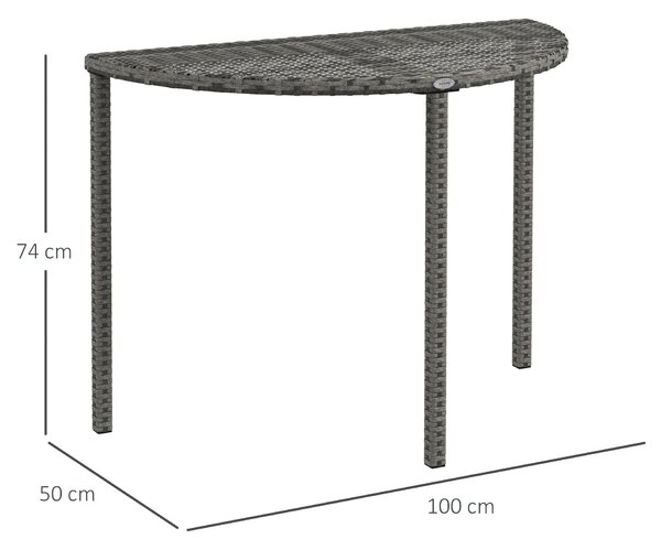 Outsunny Balkonový Stůl Zahradní Boční Stůl Zahradní Nábytek Polokruhový Ratanový Metalický Šedý 100 x 50 x 74 cm | Aosom