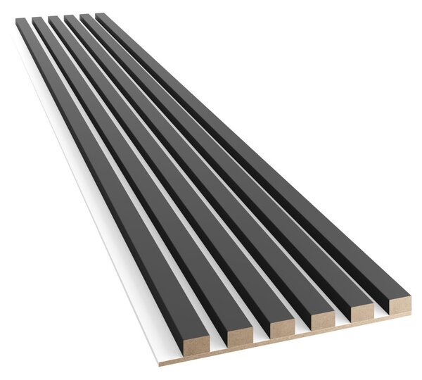 Akustický panel, podklad bílá MDF deska, úzká lamela, černý mat, 30x275 cm