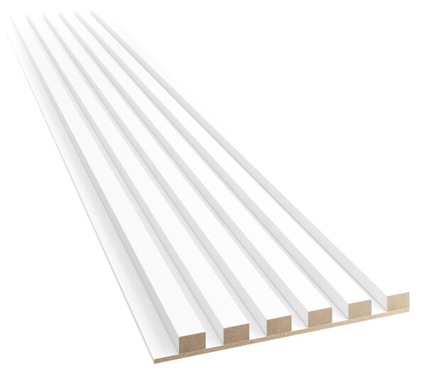 Akustický panel, podklad bílá MDF deska, úzká lamela, bílý mat, 30x275 cm