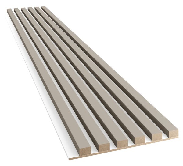 Akustický panel, podklad bílá MDF deska, úzká lamela, pískově béžová, 30x275 cm